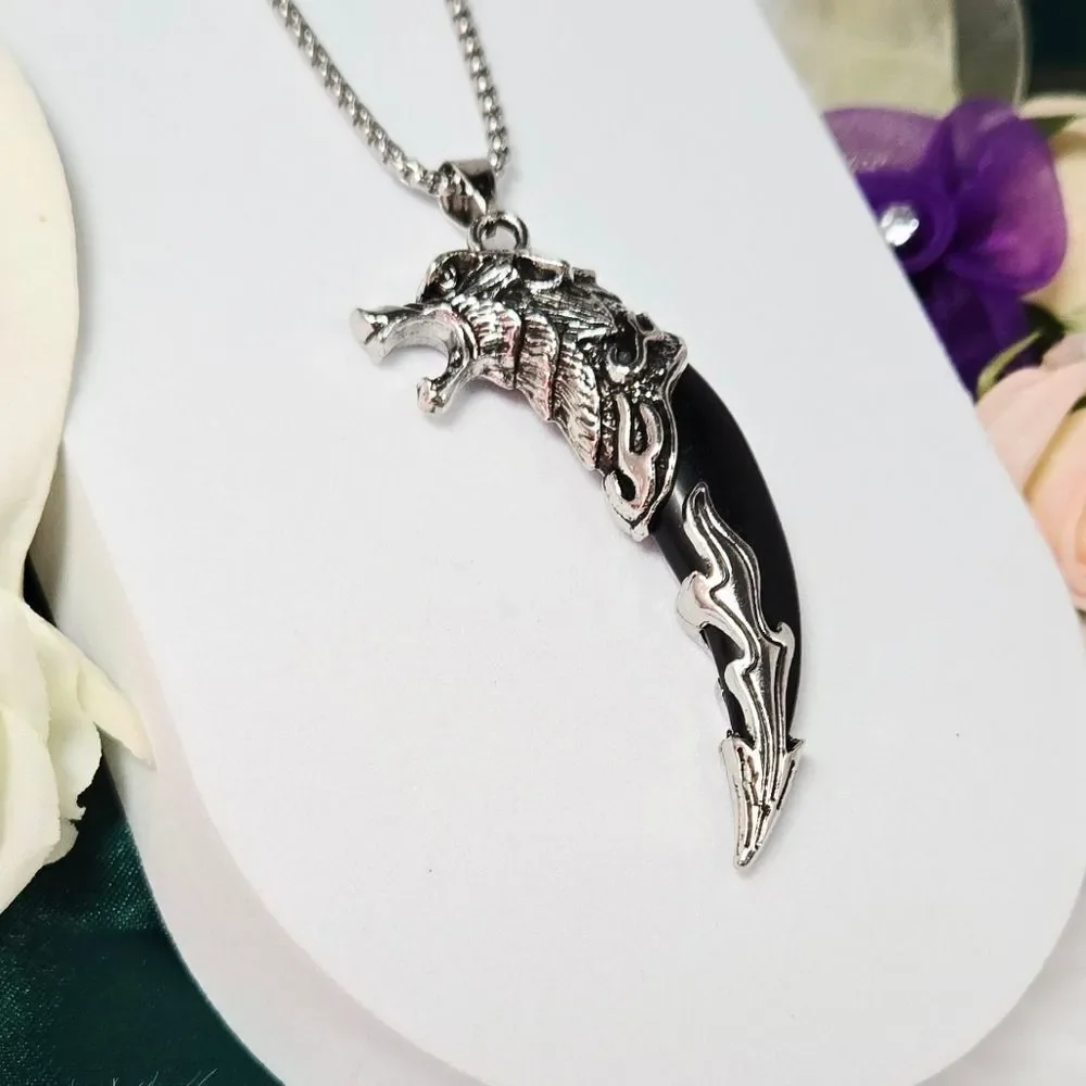 Viking Wolf Head Tooth Necklace Black Fang 24” Stainless Steel Nordic Biker Gift